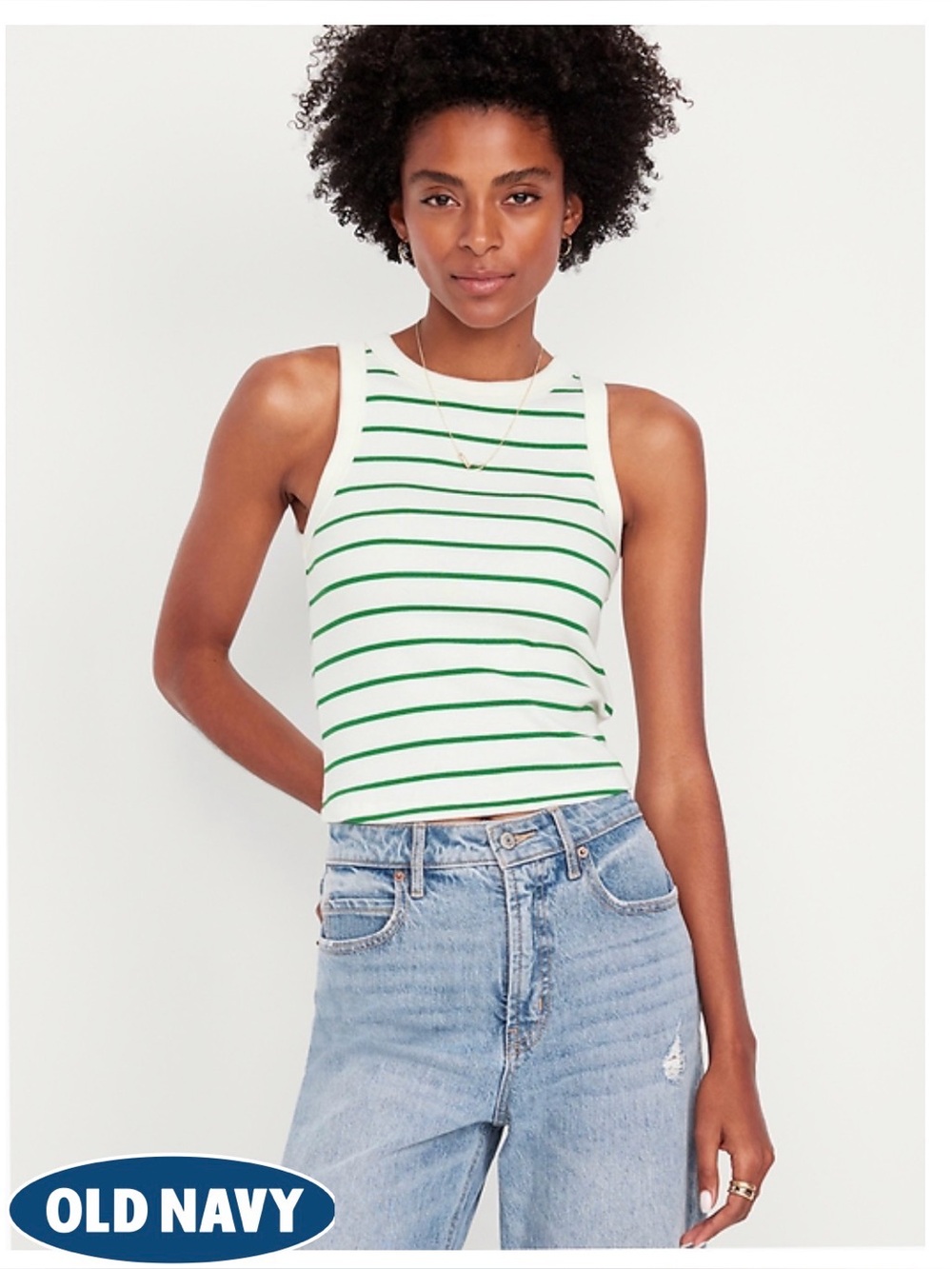 Old Navy Cream White Crop Tank with Green Stripes (3X)